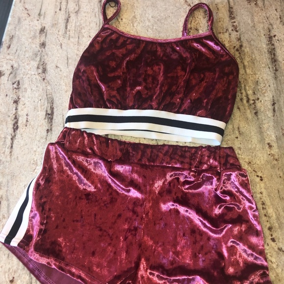 Zaful Pants - Zaful burgundy velvet matching short set